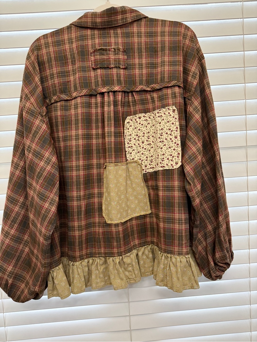 easel Plaid Button-Down Top with Floral Appliqué in Brown and Olive - Picture 6 of 9